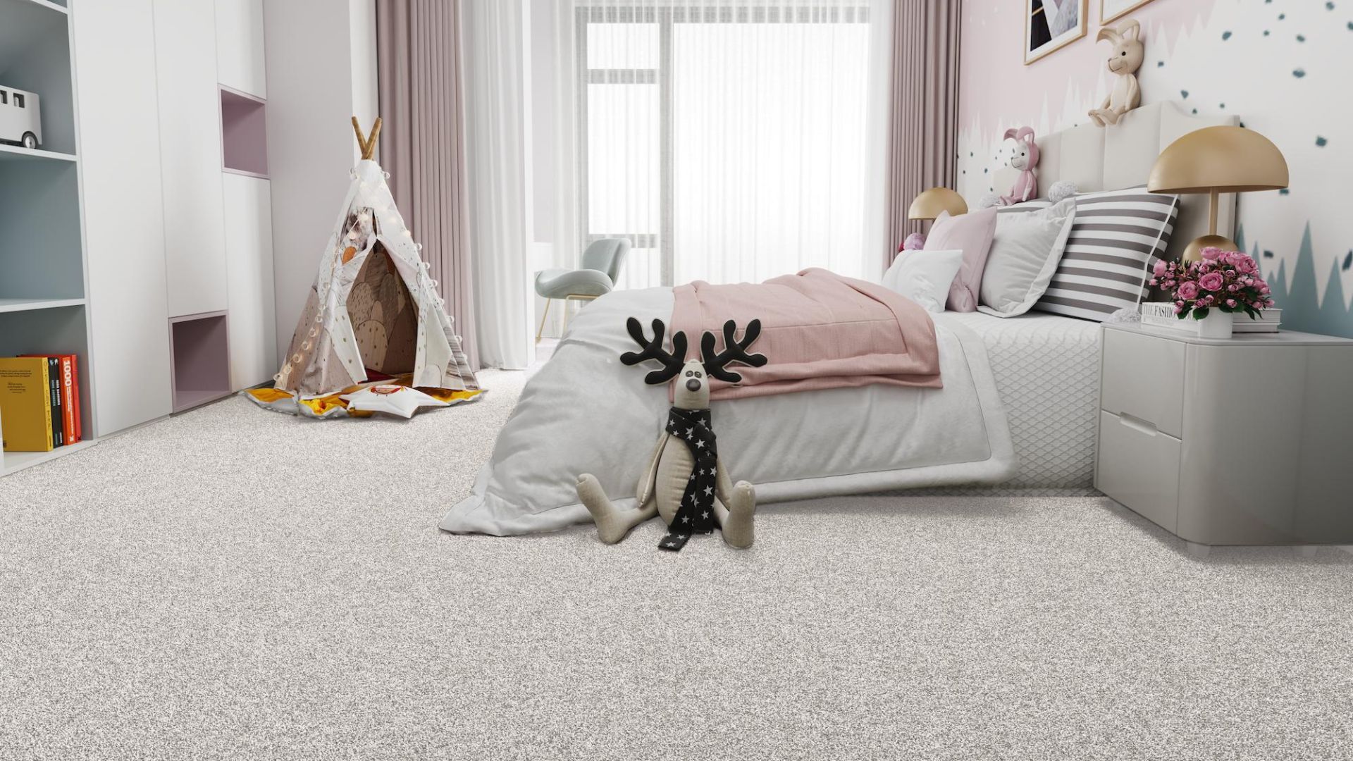 off white cozy plush carpets in a a kids' bedroom with pink accents
